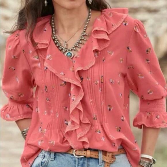 Sundance Tops - Sundance Floral Beatrice Ruffled Lace Boho Top Coral/Pink Size Medium ￼